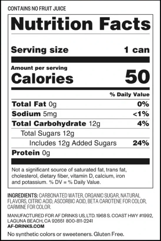 Nutrition facts label for a beverage, detailing calories, sugars, and other ingredients.