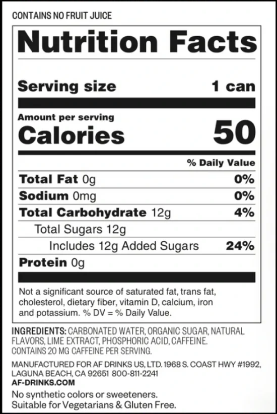 Nutrition facts label for a beverage, detailing calories, sugars, and other ingredients.