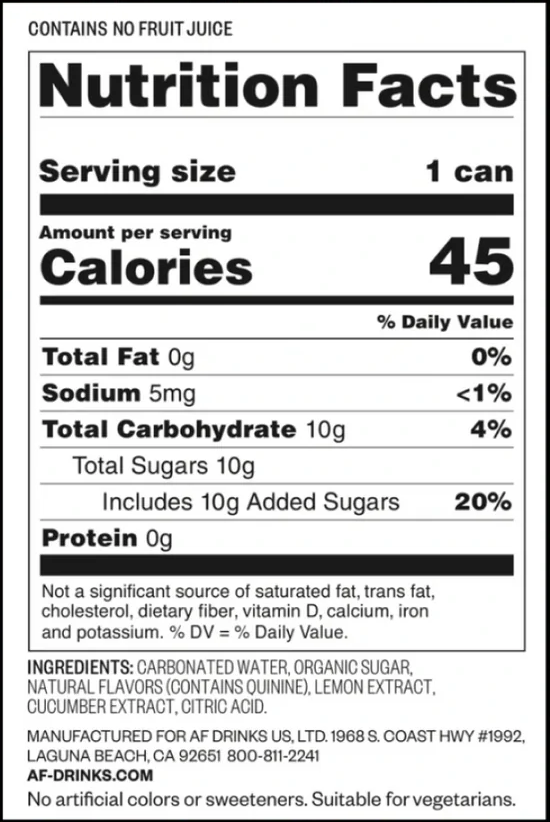 Nutrition facts label for a beverage, detailing calories, sugars, and other ingredients.