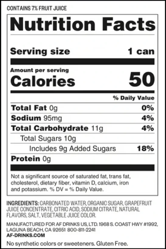 Nutrition facts label for a beverage, detailing calories, sugars, and other ingredients.