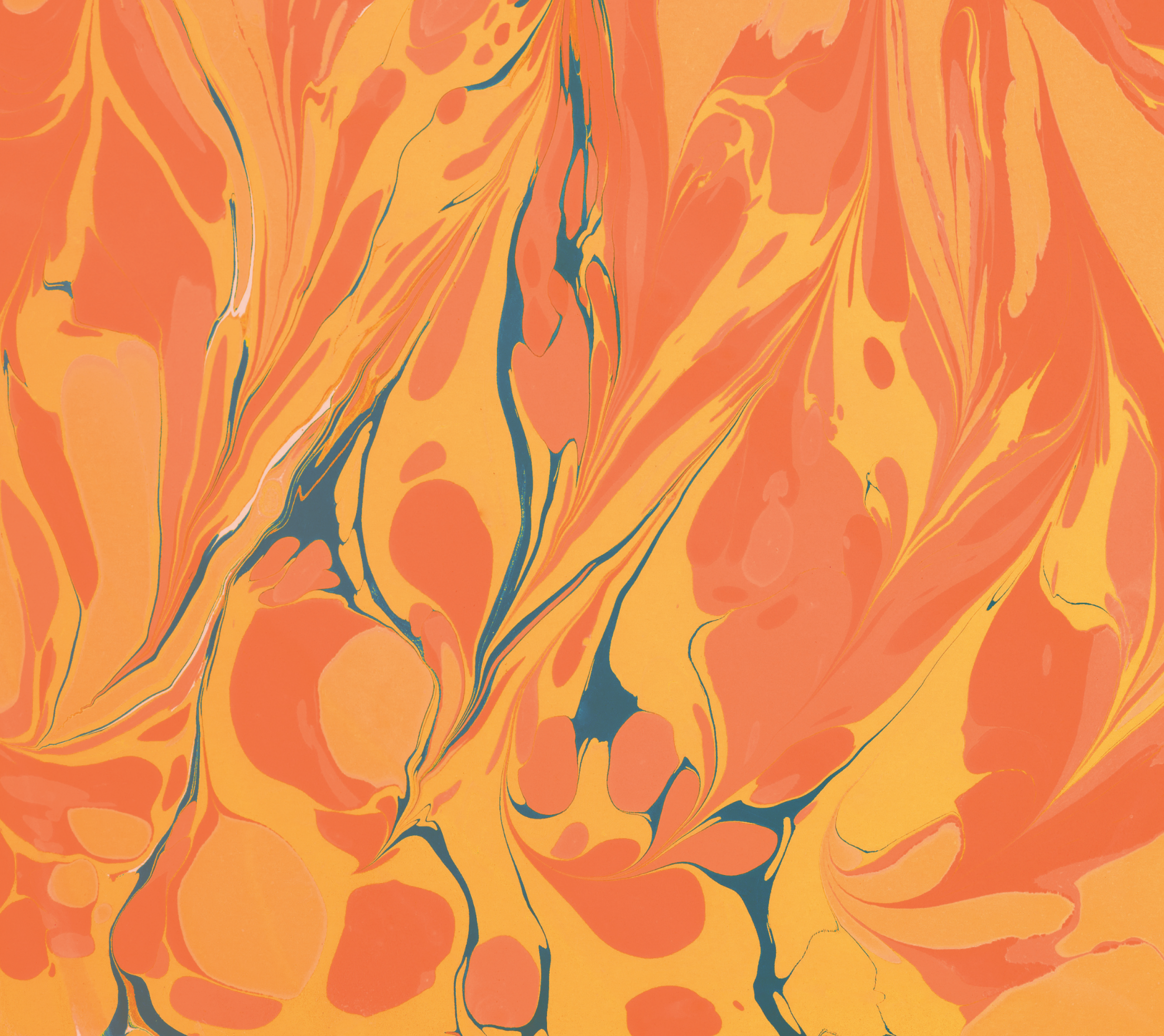 Abstract orange and yellow marbled pattern with blue accents.