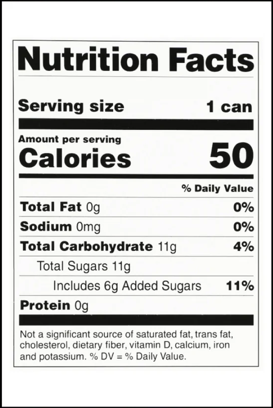 Nutrition facts label for a beverage, detailing calories, sugars, and other ingredients.