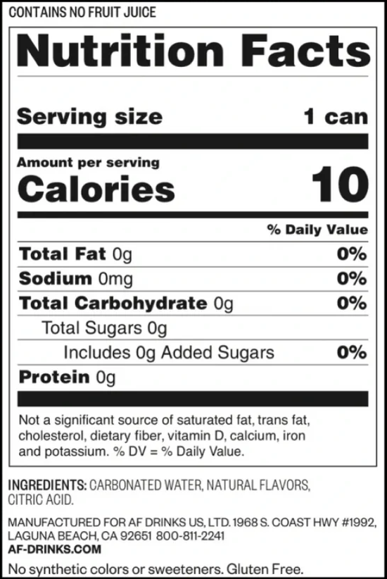 Nutrition facts label for a beverage, detailing calories, sugars, and other ingredients.