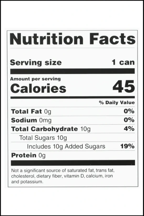 Nutrition facts label for a beverage, detailing calories, sugars, and other ingredients.